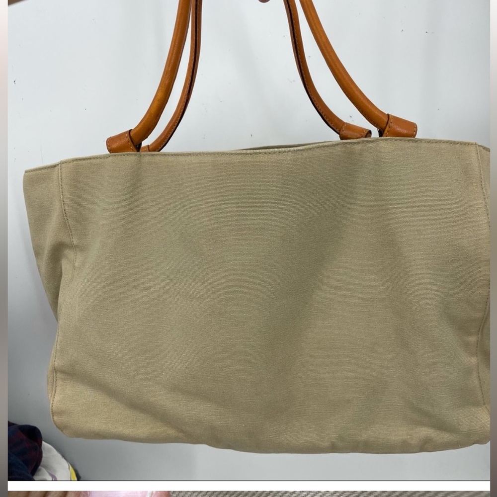 kate spade khaki canvas tote with leather handles,